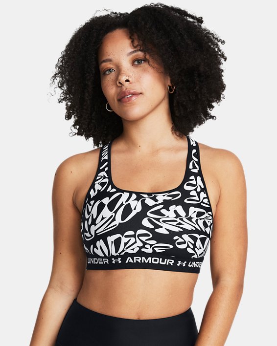 Women's Armour® Mid Crossback Printed Sports Bra in Black image number 2